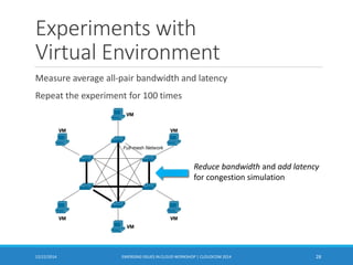 Experiments with
Virtual Environment
Measure average all-pair bandwidth and latency
Repeat the experiment for 100 times
12/22/2014 EMERGING ISSUES IN CLOUD WORKSHOP | CLOUDCOM 2014 28
Reduce bandwidth and add latency
for congestion simulation
 