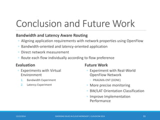 Conclusion and Future Work
Bandwidth and Latency Aware Routing
◦ Aligning application requirements with network properties using OpenFlow
◦ Bandwidth-oriented and latency-oriented application
◦ Direct network measurement
◦ Route each flow individually according to flow preference
12/22/2014 EMERGING ISSUES IN CLOUD WORKSHOP | CLOUDCOM 2014 33
Evaluation
◦ Experiments with Virtual
Environment
1. Bandwidth Experiment
2. Latency Experiment
Future Work
◦ Experiment with Real-World
OpenFlow Network
◦ PRAGMA-ENT (DONE)
◦ More precise monitoring
◦ BW/LAT Orientation Classification
◦ Improve Implementation
Performance
 