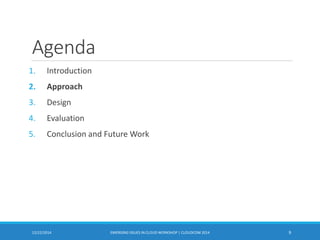 Agenda
1. Introduction
2. Approach
3. Design
4. Evaluation
5. Conclusion and Future Work
12/22/2014 EMERGING ISSUES IN CLOUD WORKSHOP | CLOUDCOM 2014 9
 