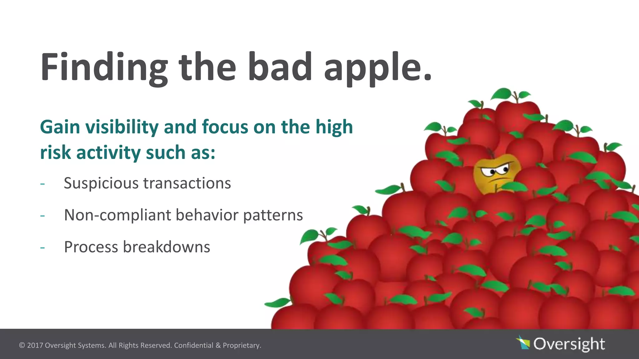 © 2017 Oversight Systems. All Rights Reserved. Confidential & Proprietary.
Finding the bad apple.
Gain visibility and focus on the high
risk activity such as:
- Suspicious transactions
- Non-compliant behavior patterns
- Process breakdowns
 