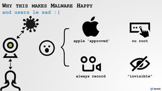 and users le sad :(
WHY THIS MAKES MALWARE HAPPY
no root
always record "invisible"
}apple 'approved'
 