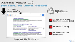 good start, but limited 'features'
OVERSIGHT VERSION 1.0
85,000+
downloads
no audio-process
identification (mic)
no whitelisting
beat out the US Govt ;)
room for
improvement!
no command-line
interface
 