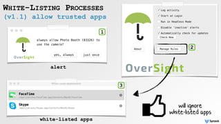 (v1.1) allow trusted apps
WHITE-LISTING PROCESSES
alert
white-listed apps
will ignore  
white-listed apps
1
2
3
 