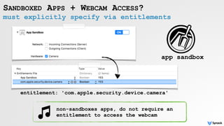 must explicitly specify via entitlements
SANDBOXED APPS + WEBCAM ACCESS?
entitlement: 'com.apple.security.device.camera'
non-sandboxes apps, do not require an
entitlement to access the webcam
app sandbox
 