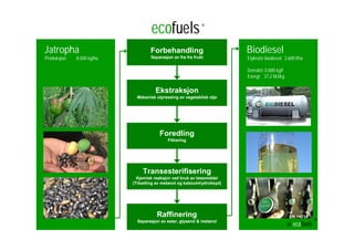 Jatropha Biodiesel
EN 14214
Forbehandling
Separasjon av frø fra frukt
Ekstraksjon
Mekanisk utpressing av vegetabilsk olje
Foredling
Filtrering
Transesterifisering
Kjemisk reaksjon ved bruk av løsemiddel
(Tilsetting av metanol og kalsiumhydroksyd)
Raffinering
Separasjon av ester, glyserol & metanol
Produksjon: 8.000 kg/ha Etylester biodiesel: 2.600 l/ha
Densitet: 0,880 kg/l
Energi: 37,2 MJ/kg
ecofuels®
© ecofuels
®
 