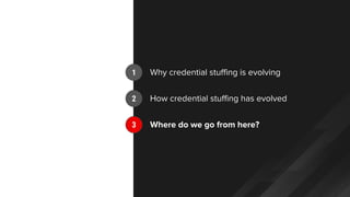 1
2
3
Why credential stuffing is evolving
How credential stuffing has evolved
Where do we go from here?
 