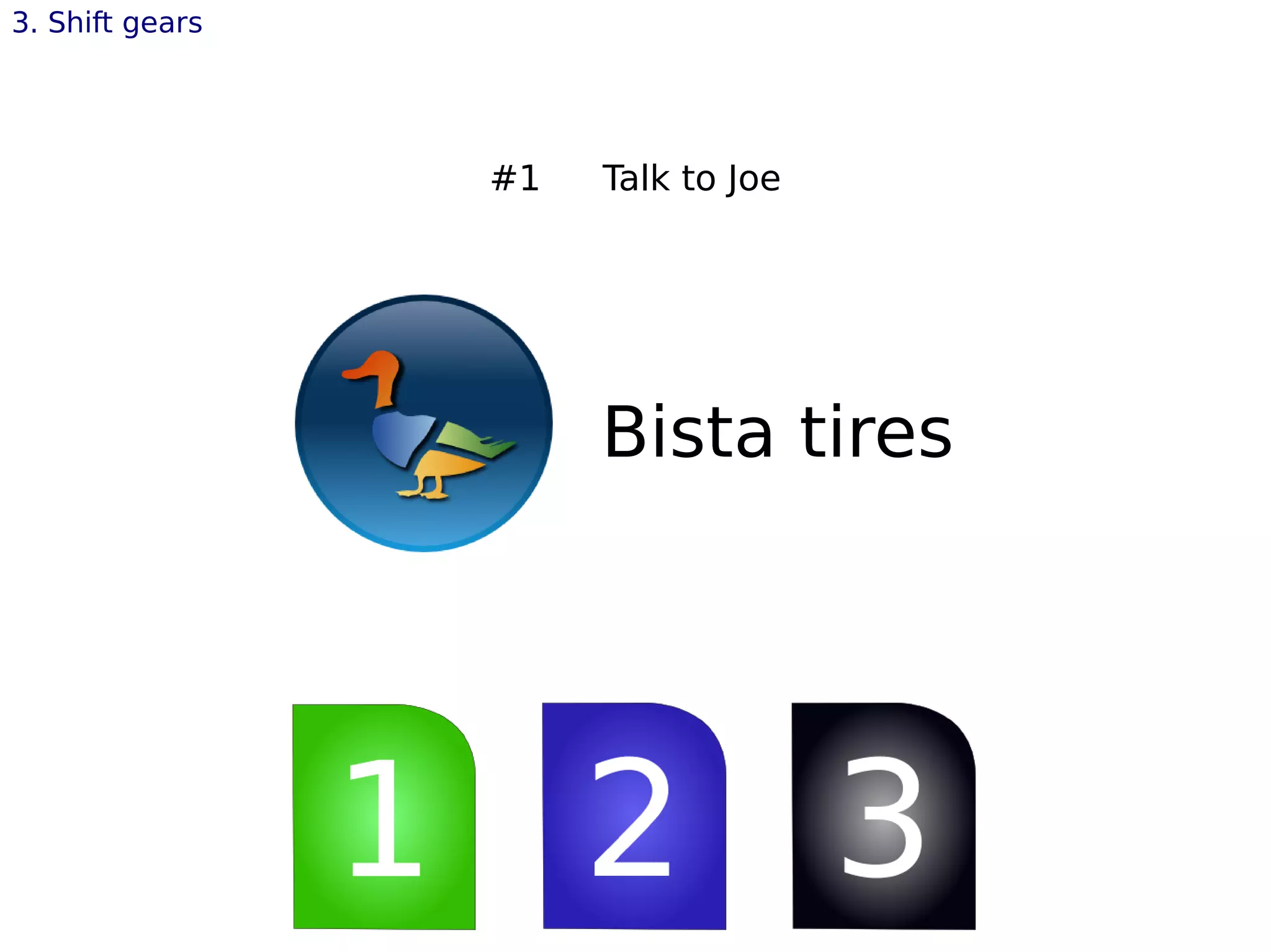 Bista tires
3. Shift gears
#1 Talk to Joe
 