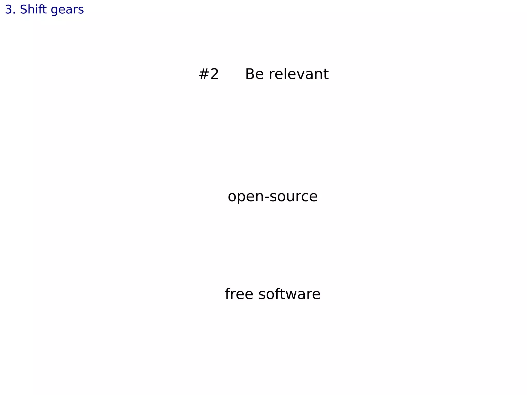 open-source
free software
#2 Be relevant
3. Shift gears
 
