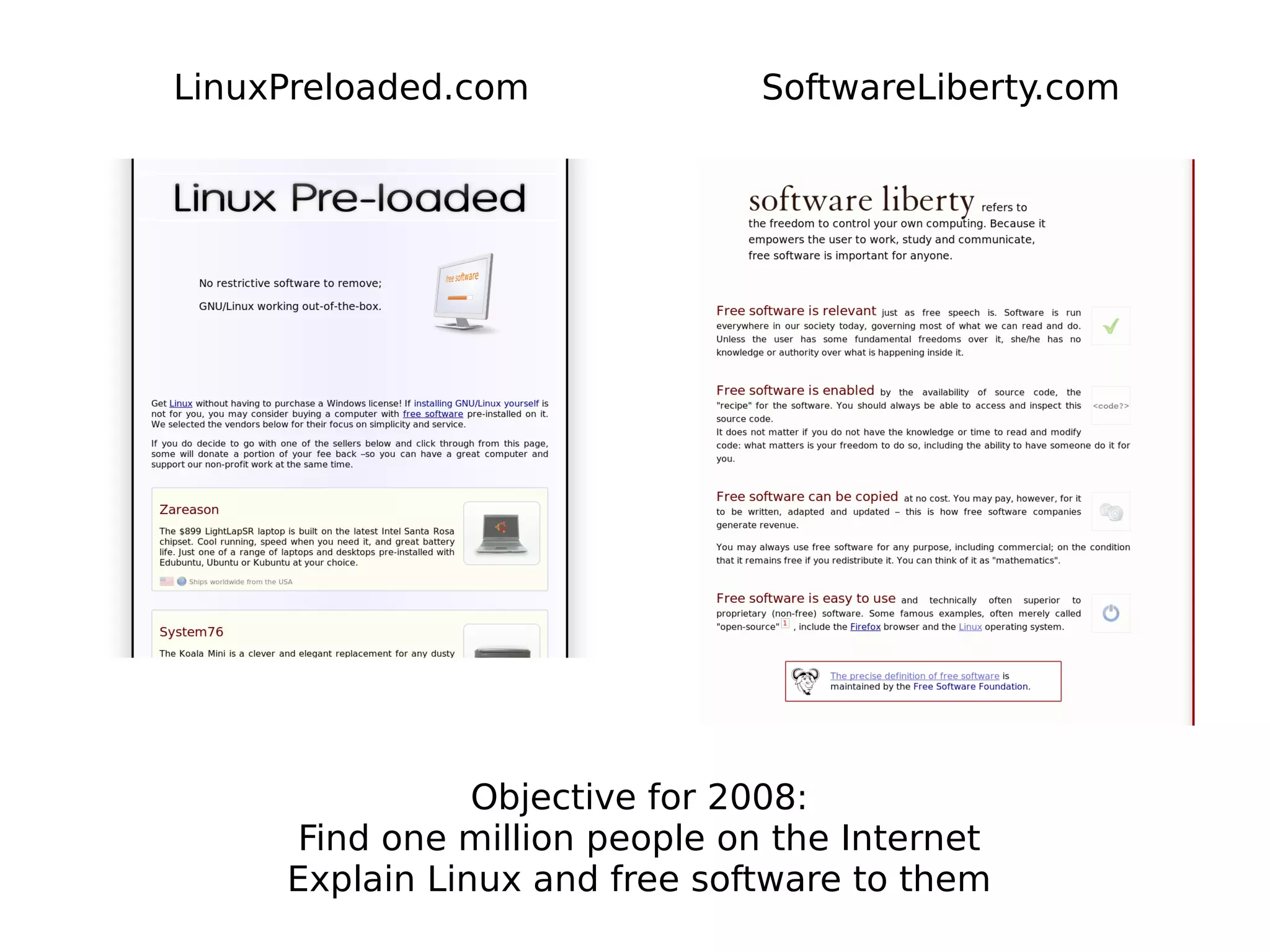 LinuxPreloaded.com SoftwareLiberty.com
Objective for 2008:
Find one million people on the Internet
Explain Linux and free software to them
 