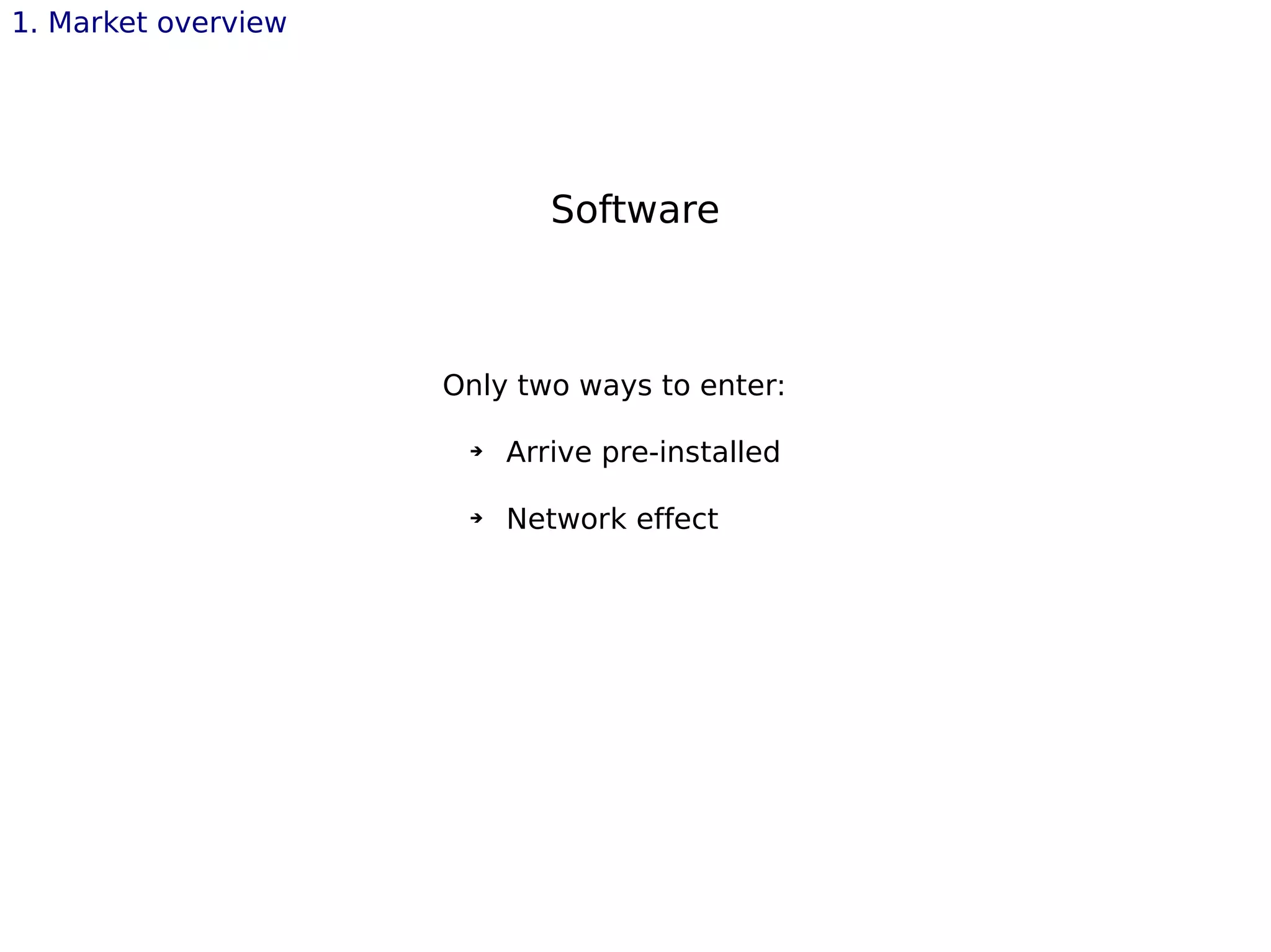 1. Market overview
Software
Only two ways to enter:
➔ Arrive pre-installed
➔ Network effect
 