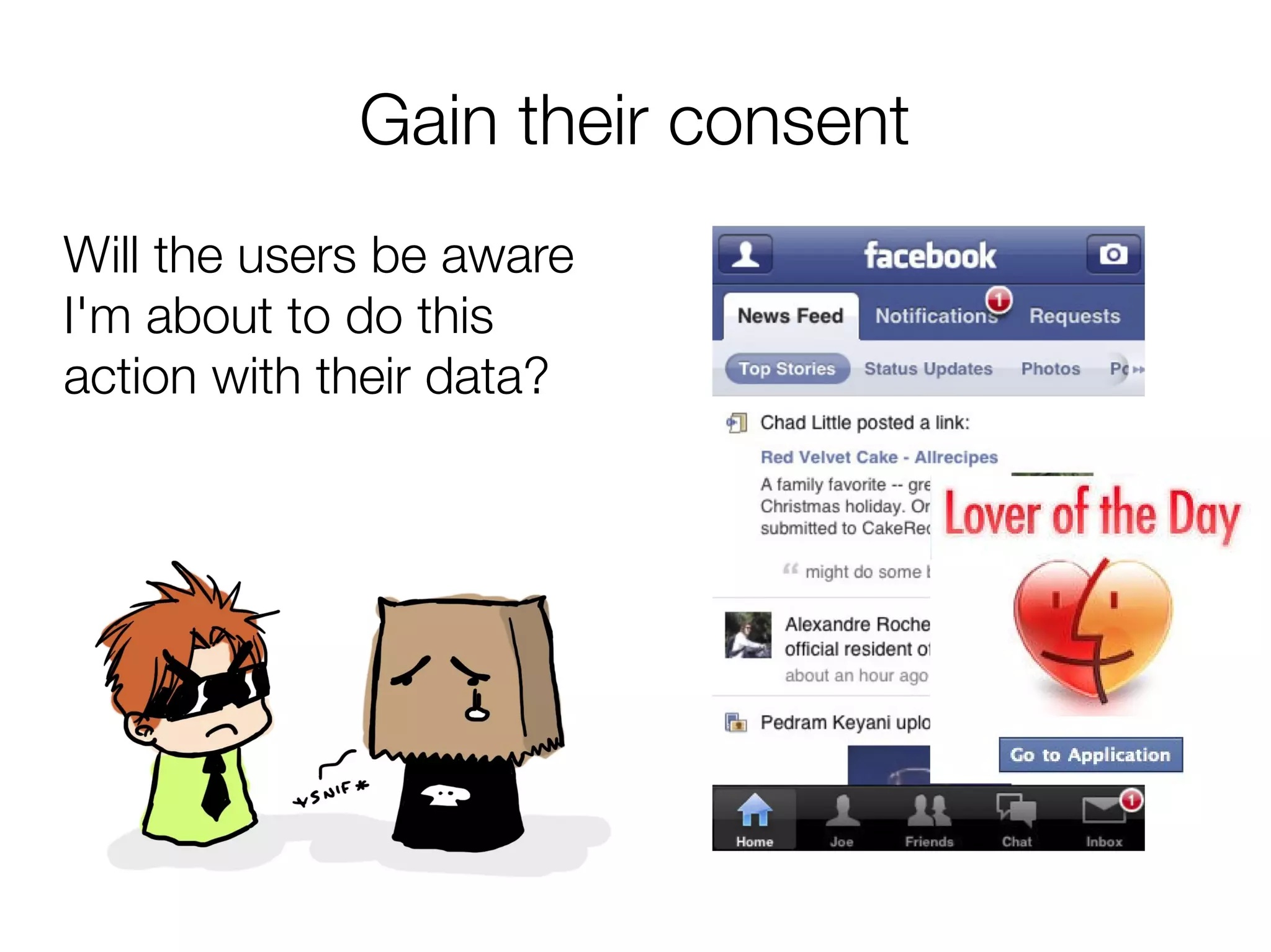 Gain their consent
Will the users be aware
I'm about to do this
action with their data?
 