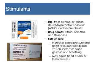 Stimulants
• Use: treat asthma, attention
deficit/hyperactivity disorder
(ADHD) and severe obesity
• Drug names: Ritalin, Adderall,
and Dexedrine
• Side effects:
– Increases blood pressure and
heart rate, constricts blood
vessels, increases blood
glucose and breathing
– May cause heart attack or
lethal seizures
 