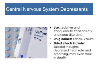 Central Nervous System Depressants
• Use: sedative and
tranquilizer to treat anxiety
and sleep disorders.
• Drug names: Xanax, Valium
• Sided effects include:
Suicidal thoughts,
depressed heart rate and
breathing, may even result
in death
 