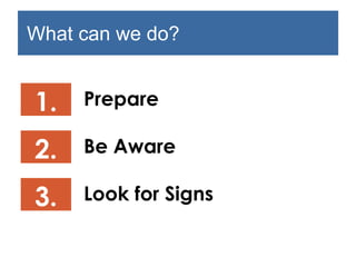What can we do?
Prepare
Be Aware
Look for Signs
1.
2.
3.
 