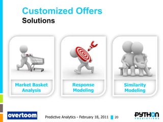 Customized Offers
  Solutions




Market Basket              Response                        Similarity
  Analysis                 Modeling                        Modeling




           Predictive Analytics - February 18, 2011 █ 20
 
