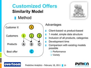 Customized Offers
     Similarity Model
       █     Method
                                         Advantages
Customer X              X
                                         █   Client-based vs product-based
                                         █   1 model, simple data structure
Customers      1         2       3
                                         █   Inclusion of all products, categories
                                         █   Development time
 Products      A        B        C       █   Comparison with existing models
                                             possible
Best offer               C                     Performance
                                               Variety



                   Predictive Analytics - February 18, 2011 █ 25
 