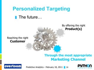 Personalized Targeting
      █   The future…
                                                      By offering the right
                                                         Product(s)

Reaching the right
  Customer



                                   Through the most appropriate
                                          Marketing Channel
                Predictive Analytics - February 18, 2011 █ 30
 