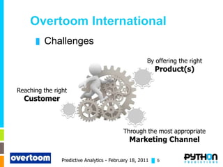 Overtoom International
      █   Challenges
                                                      By offering the right
                                                         Product(s)

Reaching the right
  Customer



                                           Through the most appropriate
                                              Marketing Channel

                Predictive Analytics - February 18, 2011 █ 5
 