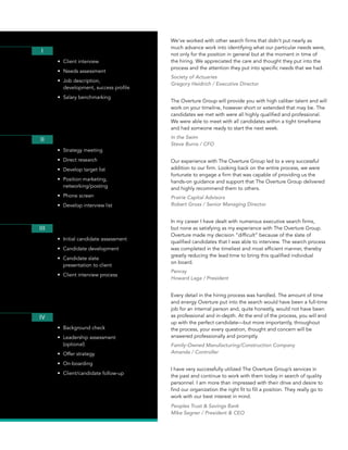 I am extremely satisfied with the search that The Overture Group
performed for Shive-Hattery. They took the time up front to
understand what qualifications I was looking for and also the type
of person that would fit into the team. I believe this up front work
helped them deliver a group of highly qualified candidates that all
would have been great additions to the Company.
Jake Young, Shive-Hattery, Inc.
The Overture Group is not your ordinary search/placement firm.
I have been working with them for close to four years now. Brandi
Mueller and Chad Melloy partner with me for my hiring needs.
They provide high quality candidates who have been thoroughly
screened before being presented. I appreciate the high level
of customer service I receive from Brandi and Chad. They work
diligently to understand my hiring needs, in addition to providing
outstanding “candidate care” to the individuals they are working
with. I strongly recommend The Overture Group’s services.
They are truly top notch in the industry – definitely one of the best!
Jamie Rogers, Transamerica
We’ve worked with other search firms that didn’t put nearly as
much advance work into identifying what our particular needs were,
not only for the position in general but at the moment in time of
the hiring. We appreciated the care and thought they put into the
process and the attention they put into specific needs that we had.
Gregory Heidrich, Executive Director / Society of Actuaries
Our experience with The Overture Group led to a very successful
addition to our firm. Looking back on the entire process, we were
fortunate to engage a firm that was capable of providing us the
hands-on guidance and support that The Overture Group delivered
and highly recommend them to others.
Robert Gross, Senior Managing Director / Prairie Capital Advisors
Every detail in the hiring process was handled. The amount of time
and energy Overture put into the search would have been a full-time
job for an internal person and, quite honestly, would not have been
as professional and in-depth. At the end of the process, you will end
up with the perfect candidate—but more importantly, throughout
the process, your every question, thought and concern will be
answered professionally  promptly.
Amanda, Controller / Family-Owned Manufacturing/
Construction Company
In my career I have dealt with numerous executive search firms,
but none as satisfying as my experience with The Overture Group.
Overture made my decision “difficult” because of the slate of qualified
candidates that I was able to interview. The search process was
completed in the timeliest and most efficient manner, thereby greatly
reducing the lead time to bring this qualified individual on board.
Howard Laga, President / Penray
•	 Client interview
•	 Needs assessment
•	 Job description,
development, success profile
•	 Salary benchmarking
•	 Strategy meeting
•	 Direct research
•	 Develop target list
•	 Position marketing, 	
networking/posting
•	 Phone screen
•	 Develop interview list
•	 Initial candidate assessment
•	 Candidate development
•	 Candidate slate
presentation to client
•	 Client interview process
•	 Background check
•	 Leadership assessment	
(optional)
•	 Offer strategy
•	 Onboarding
•	 Client/candidate follow-up
Overture_Brochure_F.indd 7 2/20/15 11:05 AM
 