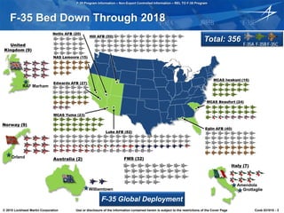 F-35 Program Information – Non-Export Controlled Information – REL TO F-35 Program
© 2015 Lockheed Martin Corporation Use or disclosure of the information contained herein is subject to the restrictions of the Cover Page Cook 031015 - 3
F-35 Bed Down Through 2018
F-35 Global Deployment
United
Kingdom (9)
RAF Marham
Australia (2)
Williamtown
Norway (9)
Orland FMS (32)
Total: 356
F-35A F-35BF-35C
Italy (7)
Amendola
Grottaglie
 