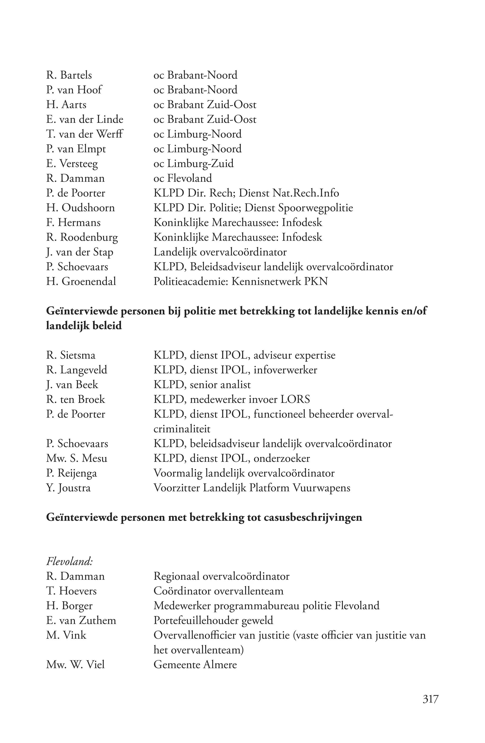 R. Bartels           oc Brabant-Noord
P. van Hoof          oc Brabant-Noord
H. Aarts             oc Brabant Zuid-Oost
E. van der Linde     oc Brabant Zuid-Oost
T. van der Werff     oc Limburg-Noord
P. van Elmpt         oc Limburg-Noord
E. Versteeg          oc Limburg-Zuid
R. Damman            oc Flevoland
P. de Poorter        KLPD Dir. Rech; Dienst Nat.Rech.Info
H. Oudshoorn         KLPD Dir. Politie; Dienst Spoorwegpolitie
F. Hermans           Koninklijke Marechaussee: Infodesk
R. Roodenburg        Koninklijke Marechaussee: Infodesk
J. van der Stap      Landelijk overvalcoördinator
P. Schoevaars        KLPD, Beleidsadviseur landelijk overvalcoördinator
H. Groenendal        Politieacademie: Kennisnetwerk PKN

Geïnterviewde personen bij politie met betrekking tot landelijke kennis en/of
landelijk beleid

R. Sietsma           KLPD, dienst IPOL, adviseur expertise
R. Langeveld         KLPD, dienst IPOL, infoverwerker
J. van Beek          KLPD, senior analist
R. ten Broek         KLPD, medewerker invoer LORS
P. de Poorter        KLPD, dienst IPOL, functioneel beheerder overval-
                     criminaliteit
P. Schoevaars        KLPD, beleidsadviseur landelijk overvalcoördinator
Mw. S. Mesu          KLPD, dienst IPOL, onderzoeker
P. Reijenga          Voormalig landelijk overvalcoördinator
Y. Joustra           Voorzitter Landelijk Platform Vuurwapens

Geïnterviewde personen met betrekking tot casusbeschrijvingen


Flevoland:
R. Damman            Regionaal overvalcoördinator
T. Hoevers           Coördinator overvallenteam
H. Borger            Medewerker programmabureau politie Flevoland
E. van Zuthem        Portefeuillehouder geweld
M. Vink              Overvallenofficier van justitie (vaste officier van justitie van
                     het overvallenteam)
Mw. W. Viel          Gemeente Almere

                                                                                    317
 