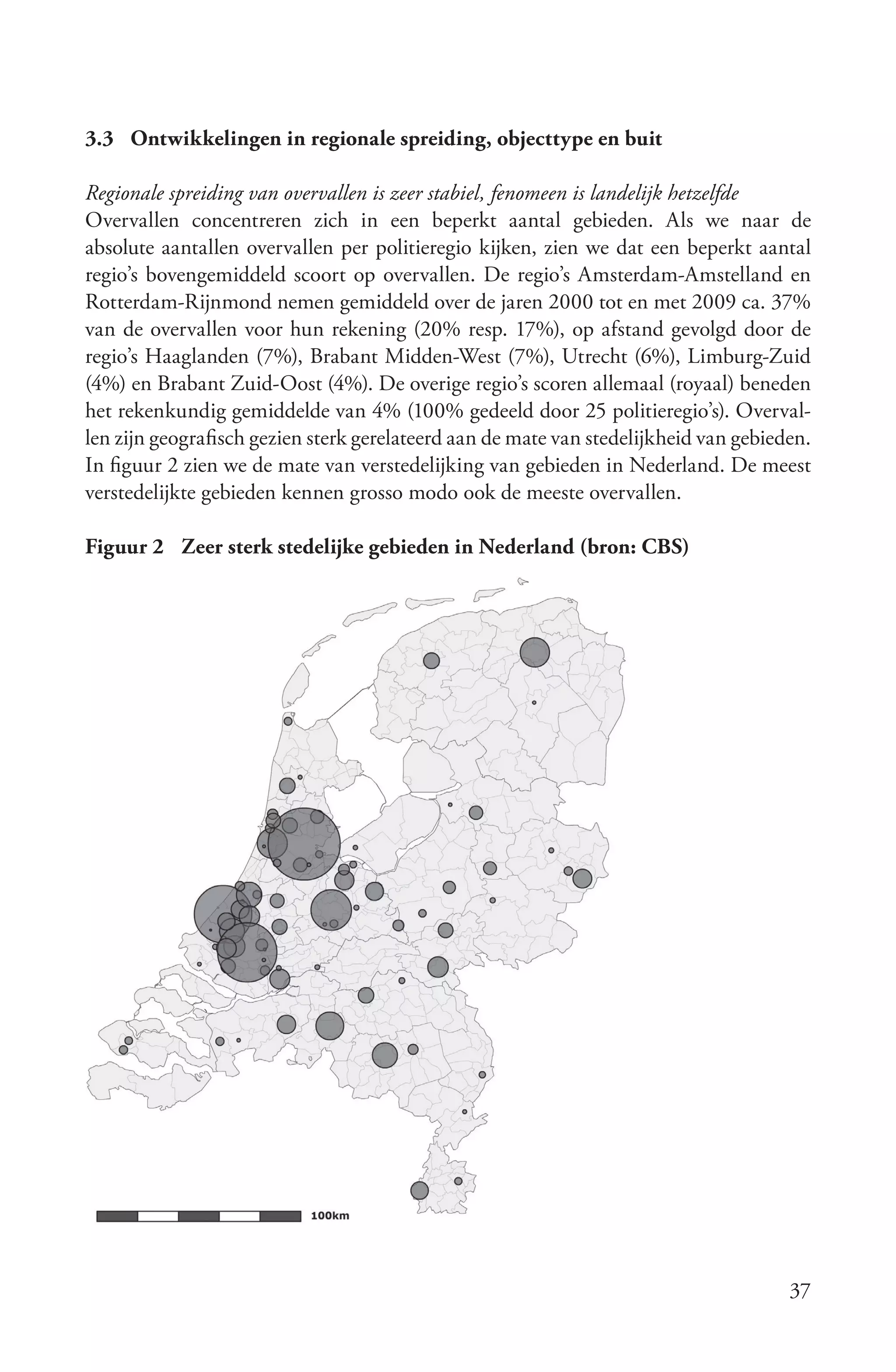 3.3 Ontwikkelingen in regionale spreiding, objecttype en buit

Regionale spreiding van overvallen is zeer stabiel, fenomeen is landelijk hetzelfde
Overvallen concentreren zich in een beperkt aantal gebieden. Als we naar de
absolute aantallen overvallen per politieregio kijken, zien we dat een beperkt aantal
regio’s bovengemiddeld scoort op overvallen. De regio’s Amsterdam-Amstelland en
Rotterdam-Rijnmond nemen gemiddeld over de jaren 2000 tot en met 2009 ca. 37%
van de overvallen voor hun rekening (20% resp. 17%), op afstand gevolgd door de
regio’s Haaglanden (7%), Brabant Midden-West (7%), Utrecht (6%), Limburg-Zuid
(4%) en Brabant Zuid-Oost (4%). De overige regio’s scoren allemaal (royaal) beneden
het rekenkundig gemiddelde van 4% (100% gedeeld door 25 politieregio’s). Overval-
len zijn geografisch gezien sterk gerelateerd aan de mate van stedelijkheid van gebieden.
In figuur 2 zien we de mate van verstedelijking van gebieden in Nederland. De meest
verstedelijkte gebieden kennen grosso modo ook de meeste overvallen.

Figuur 2 Zeer sterk stedelijke gebieden in Nederland (bron: CBS)




                                                                                      37
 