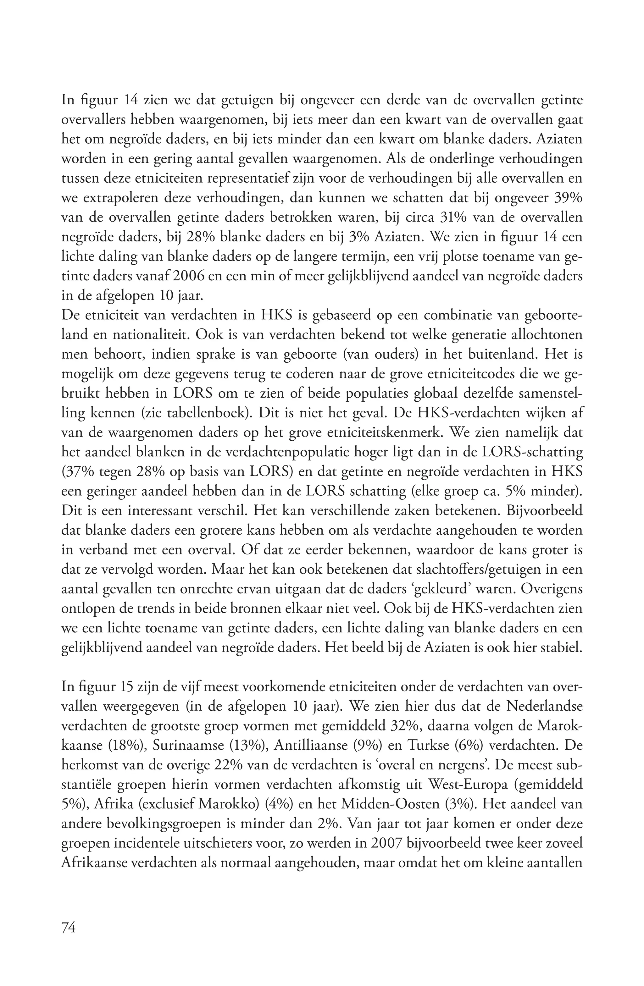 In figuur 14 zien we dat getuigen bij ongeveer een derde van de overvallen getinte
overvallers hebben waargenomen, bij iets meer dan een kwart van de overvallen gaat
het om negroïde daders, en bij iets minder dan een kwart om blanke daders. Aziaten
worden in een gering aantal gevallen waargenomen. Als de onderlinge verhoudingen
tussen deze etniciteiten representatief zijn voor de verhoudingen bij alle overvallen en
we extrapoleren deze verhoudingen, dan kunnen we schatten dat bij ongeveer 39%
van de overvallen getinte daders betrokken waren, bij circa 31% van de overvallen
negroïde daders, bij 28% blanke daders en bij 3% Aziaten. We zien in figuur 14 een
lichte daling van blanke daders op de langere termijn, een vrij plotse toename van ge-
tinte daders vanaf 2006 en een min of meer gelijkblijvend aandeel van negroïde daders
in de afgelopen 10 jaar.
De etniciteit van verdachten in HKS is gebaseerd op een combinatie van geboorte-
land en nationaliteit. Ook is van verdachten bekend tot welke generatie allochtonen
men behoort, indien sprake is van geboorte (van ouders) in het buitenland. Het is
mogelijk om deze gegevens terug te coderen naar de grove etniciteitcodes die we ge-
bruikt hebben in LORS om te zien of beide populaties globaal dezelfde samenstel-
ling kennen (zie tabellenboek). Dit is niet het geval. De HKS-verdachten wijken af
van de waargenomen daders op het grove etniciteitskenmerk. We zien namelijk dat
het aandeel blanken in de verdachtenpopulatie hoger ligt dan in de LORS-schatting
(37% tegen 28% op basis van LORS) en dat getinte en negroïde verdachten in HKS
een geringer aandeel hebben dan in de LORS schatting (elke groep ca. 5% minder).
Dit is een interessant verschil. Het kan verschillende zaken betekenen. Bijvoorbeeld
dat blanke daders een grotere kans hebben om als verdachte aangehouden te worden
in verband met een overval. Of dat ze eerder bekennen, waardoor de kans groter is
dat ze vervolgd worden. Maar het kan ook betekenen dat slachtoffers/getuigen in een
aantal gevallen ten onrechte ervan uitgaan dat de daders ‘gekleurd’ waren. Overigens
ontlopen de trends in beide bronnen elkaar niet veel. Ook bij de HKS-verdachten zien
we een lichte toename van getinte daders, een lichte daling van blanke daders en een
gelijkblijvend aandeel van negroïde daders. Het beeld bij de Aziaten is ook hier stabiel.

In figuur 15 zijn de vijf meest voorkomende etniciteiten onder de verdachten van over-
vallen weergegeven (in de afgelopen 10 jaar). We zien hier dus dat de Nederlandse
verdachten de grootste groep vormen met gemiddeld 32%, daarna volgen de Marok-
kaanse (18%), Surinaamse (13%), Antilliaanse (9%) en Turkse (6%) verdachten. De
herkomst van de overige 22% van de verdachten is ‘overal en nergens’. De meest sub-
stantiële groepen hierin vormen verdachten afkomstig uit West-Europa (gemiddeld
5%), Afrika (exclusief Marokko) (4%) en het Midden-Oosten (3%). Het aandeel van
andere bevolkingsgroepen is minder dan 2%. Van jaar tot jaar komen er onder deze
groepen incidentele uitschieters voor, zo werden in 2007 bijvoorbeeld twee keer zoveel
Afrikaanse verdachten als normaal aangehouden, maar omdat het om kleine aantallen



74
 