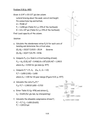 9.35
Problem 9.18 (p. 485)
Given: 6-3/4” x 10-1/2” glu-lam column
Lateral bracing about the weak axis at mid height.
Pin connections top and bottom.
A = 70.88 in2
Fc = 1,650 psi (Table 5.2, p. 278 of the textbook)
E = 1.8 x 106
psi (Table 5.2, p. 278 of the textbook)
Find: Load capacity of the column.
Solution
a. Calculate the slenderness ratios ℓe/d for each axis of
bending and determine the critical value.
(ℓe/d)x = 22(12”/’)/10.5 = 25.14 Governs
(ℓe/d)y = 11(12”/’)/6.75 = 19.56
b. Compute FcE (i.e. Euler’s critical buckling stress).
FcE = KcE E/(ℓe/d)2
= 0.418(1.8 x 106
)/(25.14)2
= 1,190.5
where KcE = 0.418 for glu-lams (p. 477)
c. Compute Fc* ≈ Fc CD (CM, Ct, CF = 1.0)
Fc* = 1,650 (1.00) = 1,650
where CD = 1.00 for 10-year design (Figure 9.23, p. 477)
d. Calculate the ratio FcE/Fc*
FcE/ Fc* = 1,190.5/1,650 = 0.722
e. Enter Table 9.3 (p. 478) and obtain Cp.
Cp = 0.620 (for glu-lam, by interpolating)
f. Calculate the allowable compressive stress Fc’.
Fc’ = Fc* Cp = 1,650 (0.620)
Fc’ = 1,023.0 psi
 