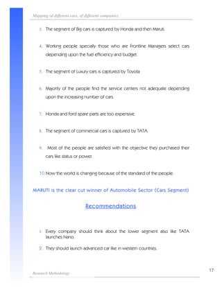 Mapping of different cars, of different companies


   3. The segment of Big cars is captured by Honda and then Maruti.


   4. Working people specially those who are Frontline Managers select cars
        depending upon the fuel efficiency and budget.


   5. The segment of Luxury cars is captured by Toyota


   6. Majority of the people find the service centers not adequate depending
        upon the increasing number of cars.


   7. Honda and ford spare parts are too expensive.


   8. The segment of commercial cars is captured by TATA


   9.   Most of the people are satisfied with the objective they purchased their
        cars like status or power.


   10.Now the world is changing because of the standard of the people.


MARUTI is the clear cut winner of Automobile Sector (Cars Segment)


                              Recommendations



   1. Every company should think about the lower segment also like TATA
        launches Nano.

   2. They should launch advanced car like in western countries.



                                                                                   17
Research Methodology
 