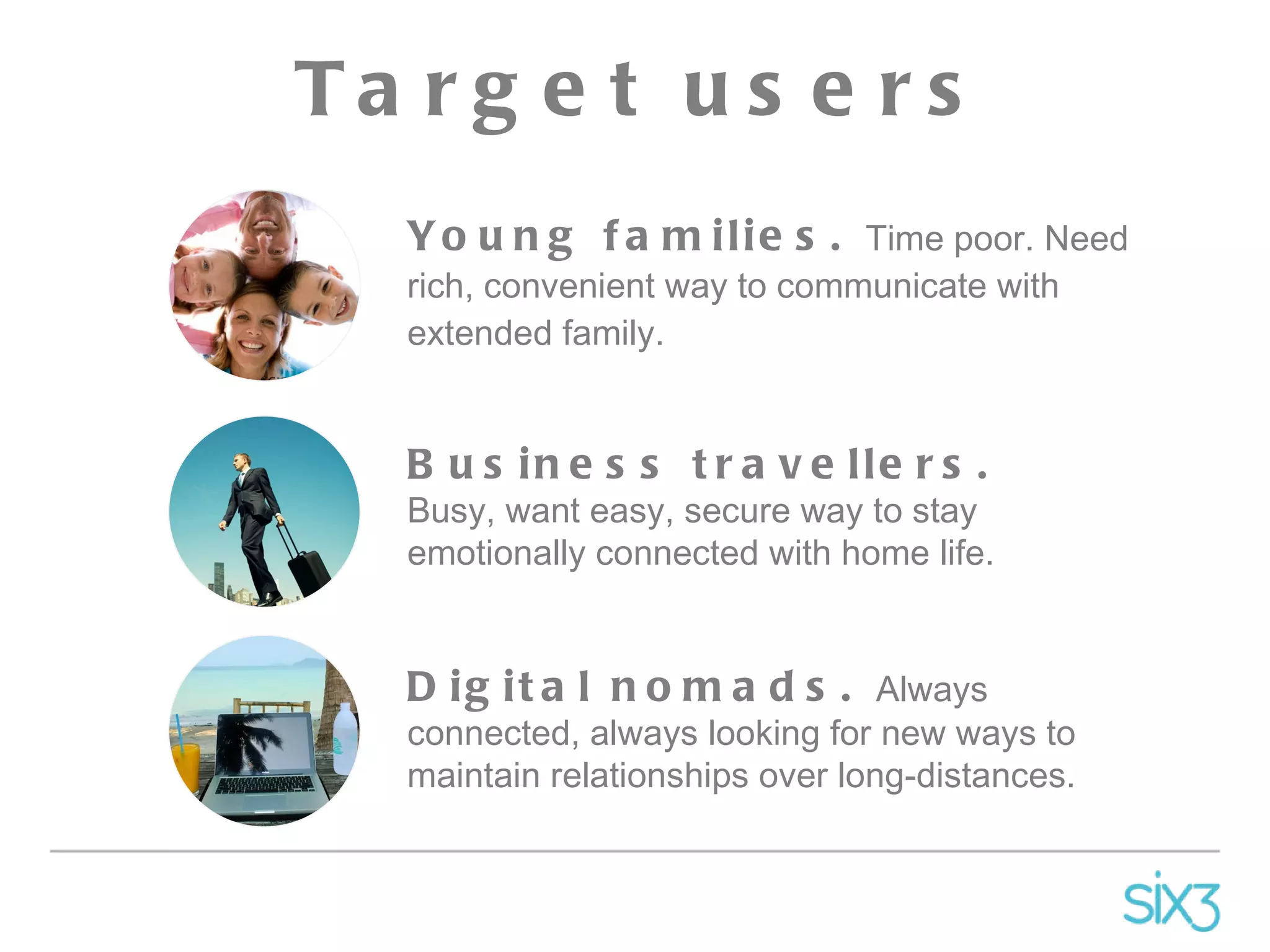 Young families.  Time poor. Need rich, convenient way to communicate with extended family. Business travellers.  Busy, want easy, secure way to stay emotionally connected with home life. Digital nomads.  Always connected, always looking for new ways to maintain relationships over long-distances. Target users 