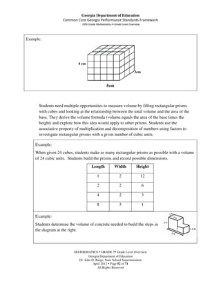 Georgia Department of Education
                   Common Core Georgia Performance Standards Framework
                               Fifth Grade Mathematics • Grade Level Overview




Example:




                            4 cm

                                                                        3cm


                                                  5cm



      Students need multiple opportunities to measure volume by filling rectangular prisms
      with cubes and looking at the relationship between the total volume and the area of the
      base. They derive the volume formula (volume equals the area of the base times the
      height) and explore how this idea would apply to other prisms. Students use the
      associative property of multiplication and decomposition of numbers using factors to
      investigate rectangular prisms with a given number of cubic units.

    Example:
    When given 24 cubes, students make as many rectangular prisms as possible with a volume
    of 24 cubic units. Students build the prisms and record possible dimensions.
                                      Length            Width             Height

                                          1                 2                   12

                                          2                 2                   6

                                          4                 2                   3

                                          8                 3                   1

    Example:
    Students determine the volume of concrete needed to build the steps in
    the diagram at the right.




                          MATHEMATICS GRADE 5 Grade Level Overview
                                   Georgia Department of Education
                            Dr. John D. Barge, State School Superintendent
                                      April 2012 Page 52 of 71
                                         All Rights Reserved
 