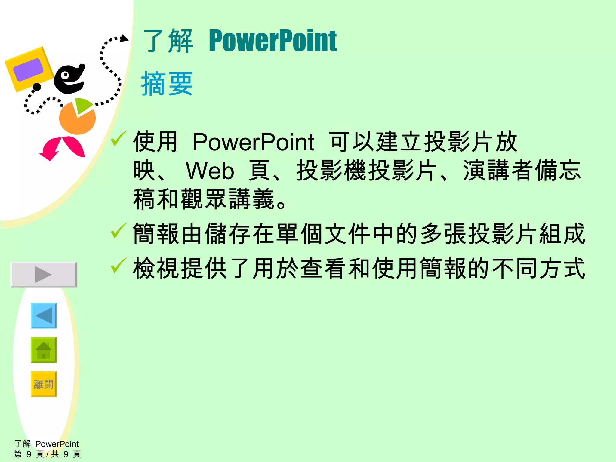 了解  PowerPoint 摘要 使用  PowerPoint  可以建立投影片放映、 Web  頁、投影機投影片、演講者備忘稿和觀眾講義。 簡報由儲存在單個文件中的多張投影片組成 檢視提供了用於查看和使用簡報的不同方式 了解  PowerPoint  第  9  頁 / 共  9  頁 