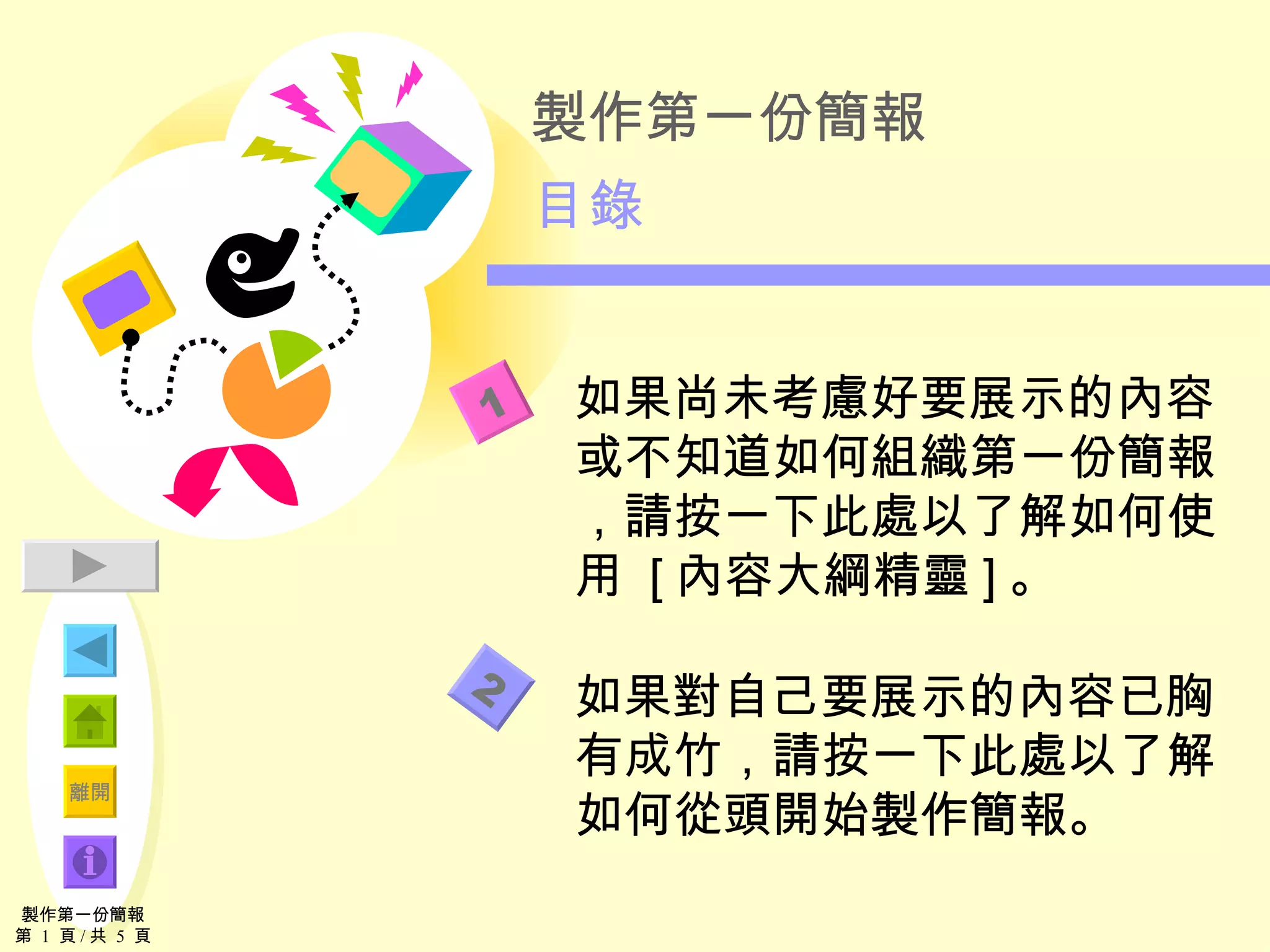 製作第一份簡報 目錄 如果尚未考慮好要展示的內容或不知道如何組織第一份簡報，請按一下此處以了解如何使用  [ 內容大綱精靈 ] 。 如果對自己要展示的內容已胸有成竹，請按一下此處以了解如何從頭開始製作簡報。 製作第一份簡報 第  1  頁 / 共  5  頁 2 1 