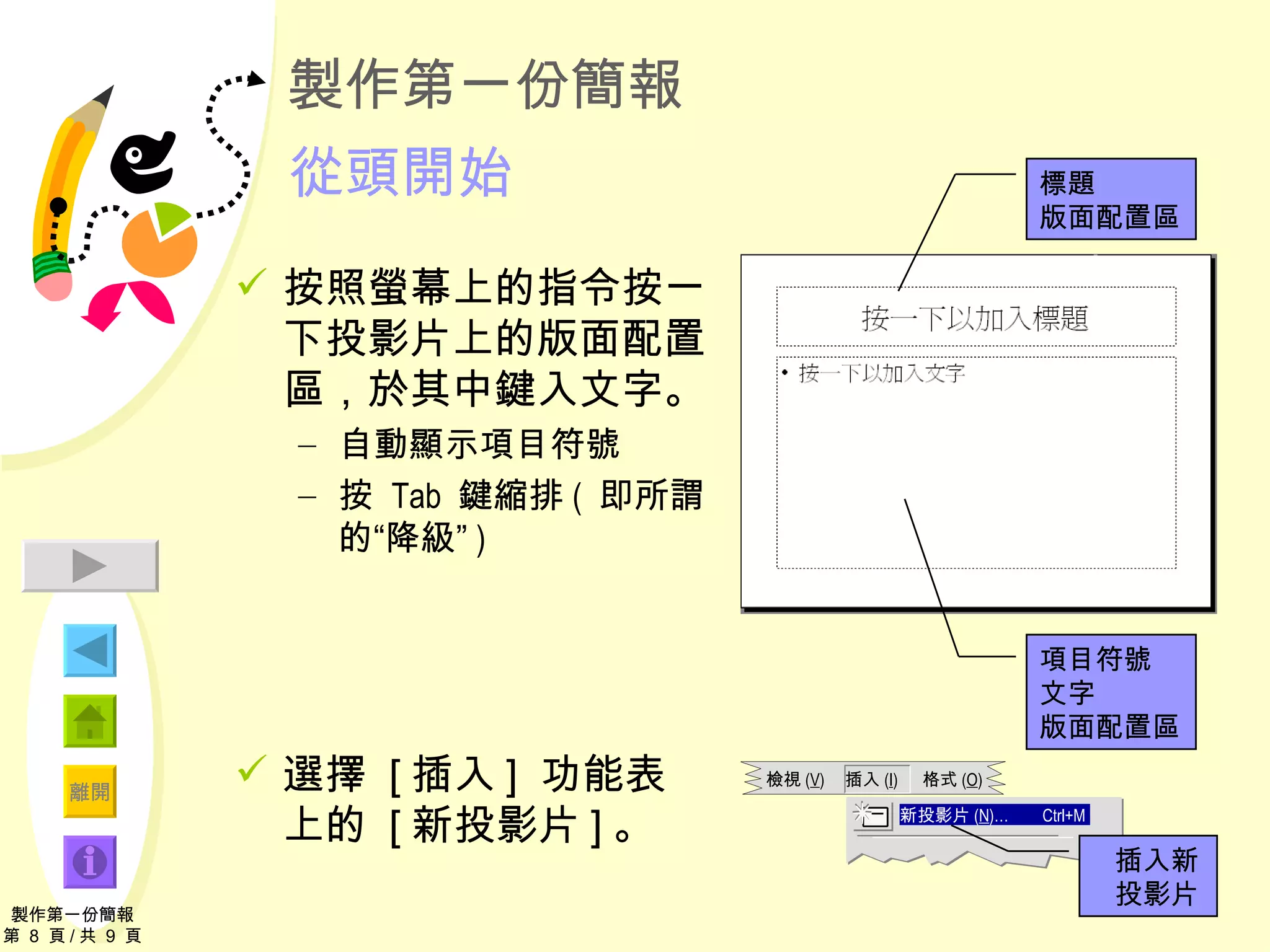 製作第一份簡報 從頭開始 按照螢幕上的指令按一下投影片上的版面配置區，於其中鍵入文字。 自動顯示項目符號 按  Tab  鍵縮排 (  即所謂的“降級” ) 選擇  [ 插入 ]  功能表上的  [ 新投影片 ] 。 製作第一份簡報 第  8  頁 / 共  9  頁 標題 版面配置區 項目符號 文字 版面配置區 檢視 ( V )  插入 ( I )  格式 ( O ) 新投影片 ( N )… Ctrl+M 插入新 投影片 