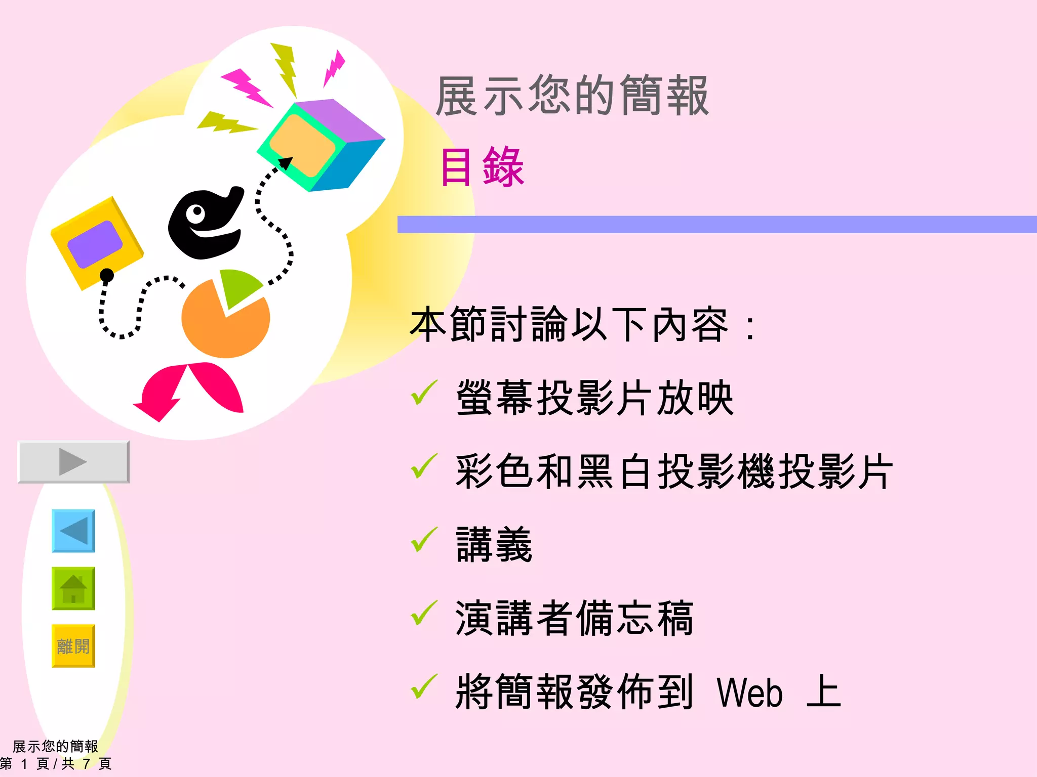 展示您的簡報 目錄 本節討論以下內容： 螢幕投影片放映 彩色和黑白投影機投影片 講義 演講者備忘稿 將簡報發佈到  Web   上 展示您的簡報 第  1  頁 / 共  7  頁 