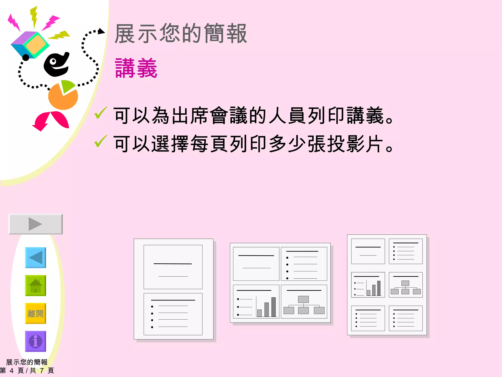 展示您的簡報 講義 可以為出席會議的人員列印講義。 可以選擇每頁列印多少張投影片。 展示您的簡報 第  4  頁 / 共  7  頁 