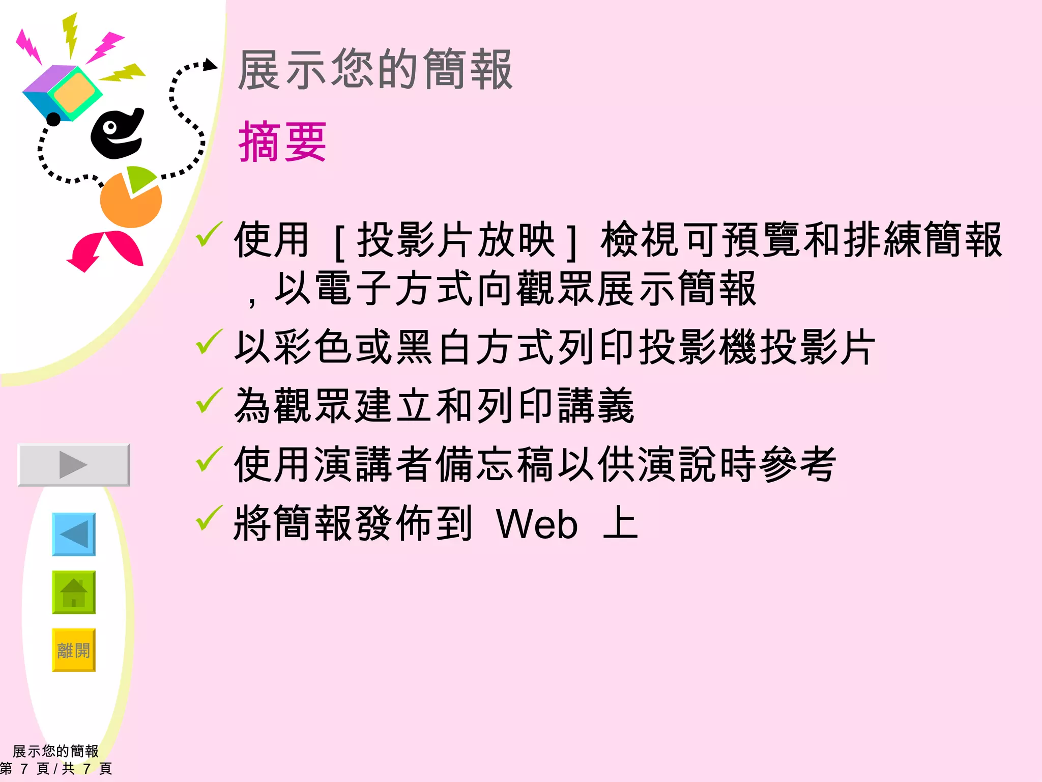 展示您的簡報 摘要 使用  [ 投影片放映 ]  檢視可預覽和排練簡報，以電子方式向觀眾展示簡報 以彩色或黑白方式列印投影機投影片 為觀眾建立和列印講義 使用演講者備忘稿以供演說時參考 將簡報發佈到  Web  上 展示您的簡報 第  7  頁 / 共  7  頁 