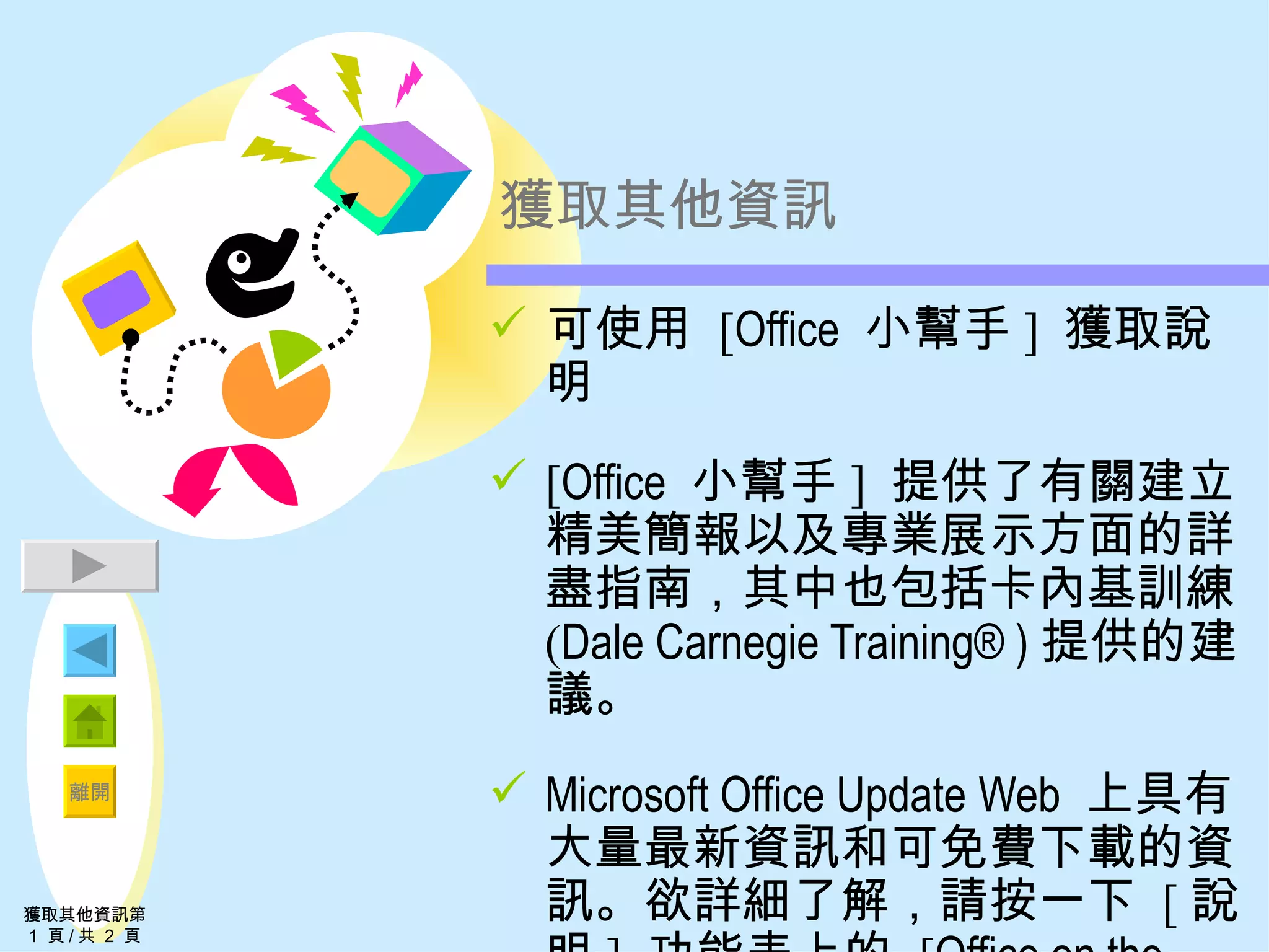 獲取其他資訊 可使用  [ Office   小幫手 ]  獲取說明 [ Office   小幫手 ]  提供了有關建立精美簡報以及專業展示方面的詳盡指南，其中也包括卡內基訓練 ( Dale Carnegie Training® ) 提供的建議。 Microsoft Office Update   Web   上具有大量最新資訊和可免費下載的資訊。欲詳細了解，請按一下  [ 說明 ]  功能表上的  [ Office on the Web] 獲取其他資訊第  1  頁 / 共  2  頁 