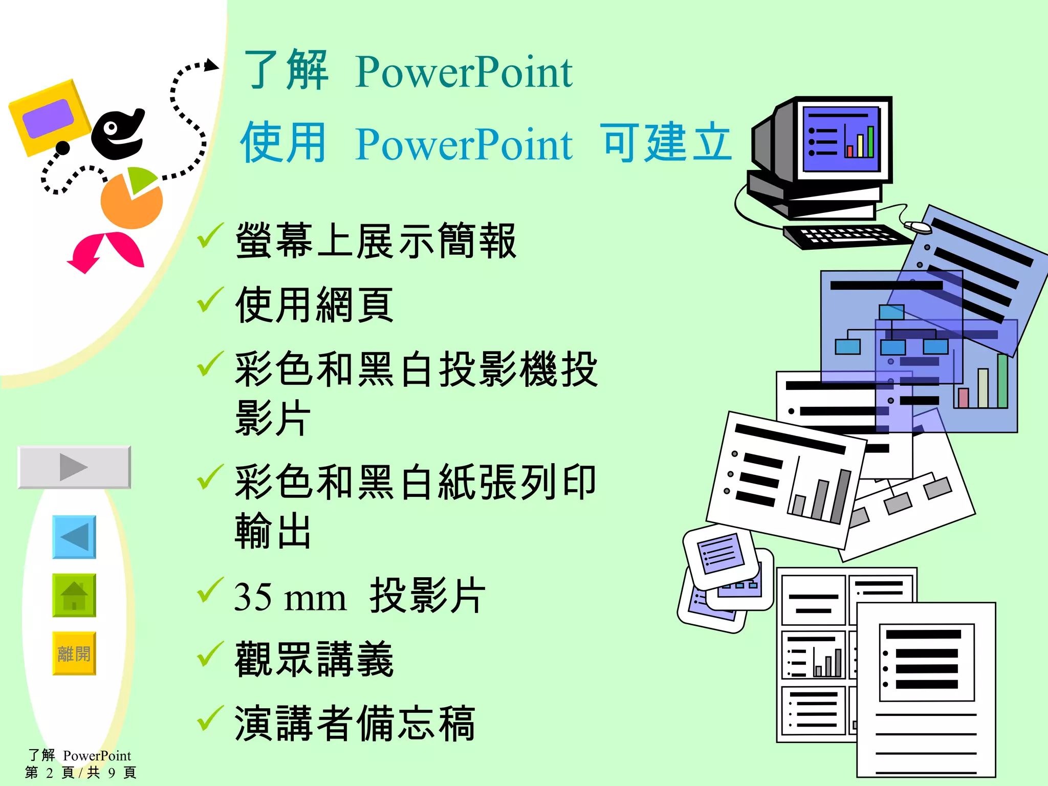 了解  PowerPoint 使用  PowerPoint  可建立： 螢幕上展示簡報 使用網頁 彩色和黑白投影機投影片 彩色和黑白紙張列印輸出 35 mm  投影片 觀眾講義 演講者備忘稿 了解  PowerPoint  第  2  頁 / 共  9  頁 