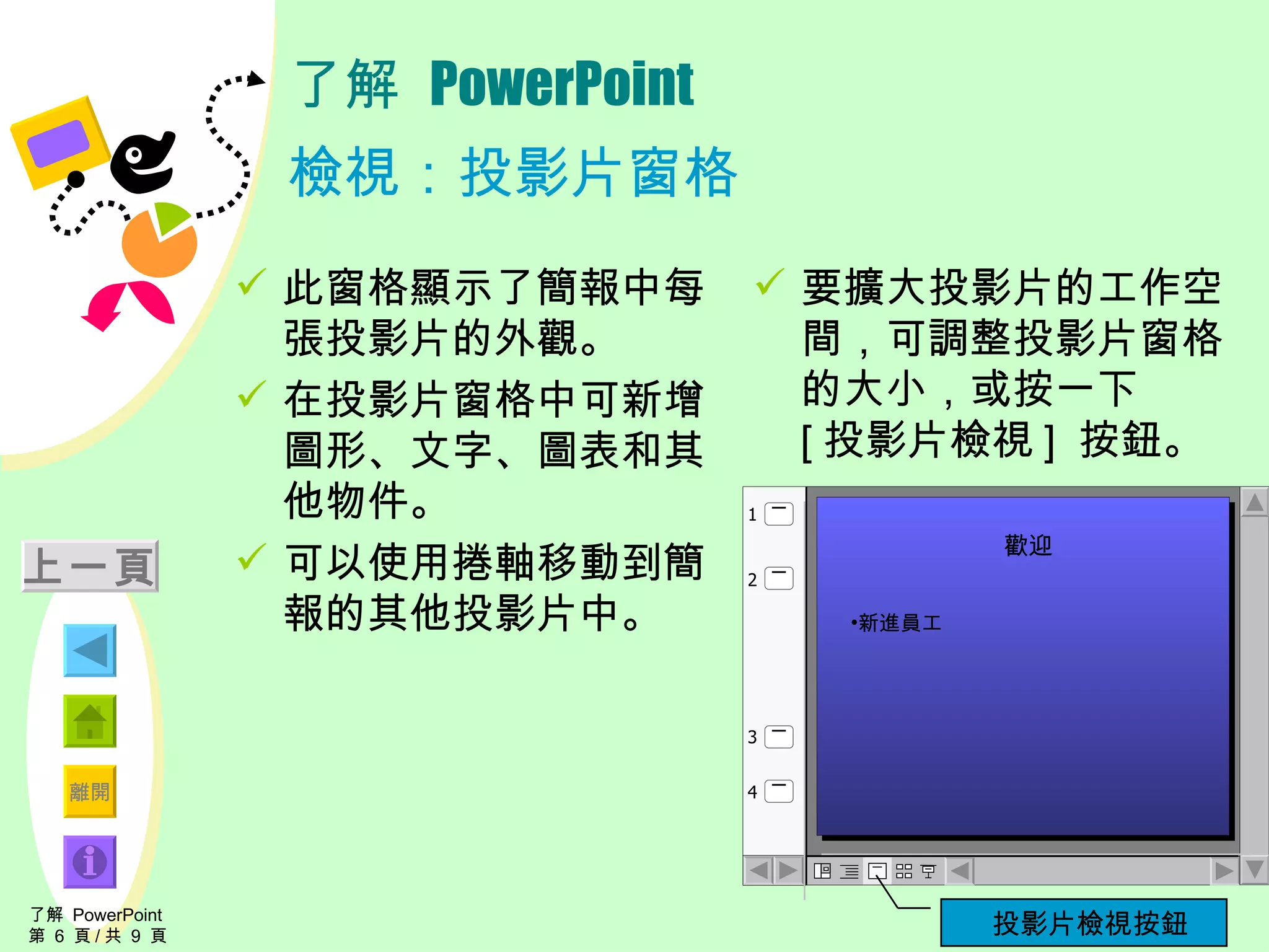了解  PowerPoint 檢視：投影片窗格 此窗格顯示了簡報中每張投影片的外觀。 在投影片窗格中可新增圖形、文字、圖表和其他物件。 可以使用捲軸移動到簡報的其他投影片中。 要擴大投影片的工作空間，可調整投影片窗格的大小，或按一下  [ 投影片檢視 ]  按鈕。 了解  PowerPoint  第  6  頁 / 共  9  頁 上一頁 投影片檢視按鈕 歡迎 新進員工 1 2 4 3 