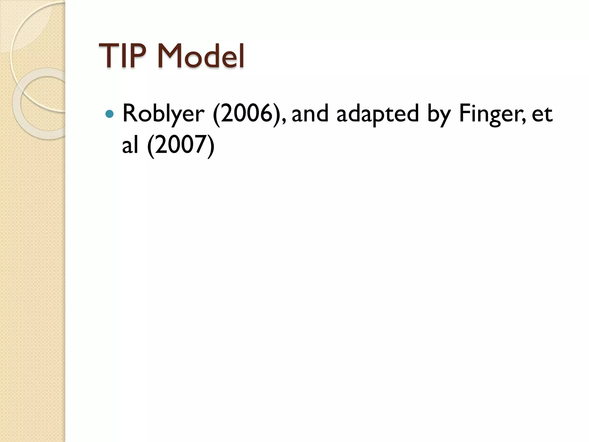 TIP Model


Roblyer (2006), and adapted by Finger, et
al (2007)

 