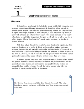 Overview
In Grade 8, you have learned the Rutherford’s atomic model which pictures the atom
as mostly empty space and its mass is concentrated in the nucleus, where you find the
protons and the neutrons. This model has worked well during his time, but it was only able
to explain a few simple properties of atoms. However, It could not explain why metals or
compounds of metals give off characteristic colors when heated in a flame, or why objects–
when heated to much higher temperatures first glow to dull red, then to yellow, and then to
white. A model different from Rutherford’s atomic model is necessary to describe the
behavior of atoms
Niels Bohr refined Rutherford’s model of an atom. Based on his experiments, Bohr
described the electron to be moving in definite orbits around the nucleus. Much later,
scientists discovered that it is impossible to determine the exact location of electrons in an
atom. In Activity 1, you will learn about the evidence that Bohr used to explain his model of
the atom. In Activity 2, you will do a task that will help you understand that there is a certain
portion of space around the nucleus where the electron is most likely to be found.
In addition, you will know more about the present model of the atom, which is called
the quantum mechanical model of the atom. It is important for you to understand that the
chemical properties of atoms, ions and molecules are related to how the electrons are
arranged in these particles of matter. You will find out the answers to the following
questions as you perform the activities in this module.
How does the Bohr atomic model differ from Rutherford’s model? What is the
basis for the quantum mechanical model of the atom? How are electrons arranged
in the atom?
 