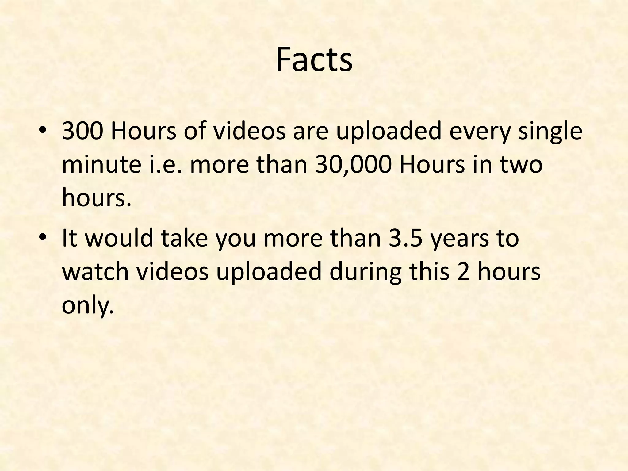 Facts
• 300 Hours of videos are uploaded every single
minute i.e. more than 30,000 Hours in two
hours.
• It would take you more than 3.5 years to
watch videos uploaded during this 2 hours
only.
 