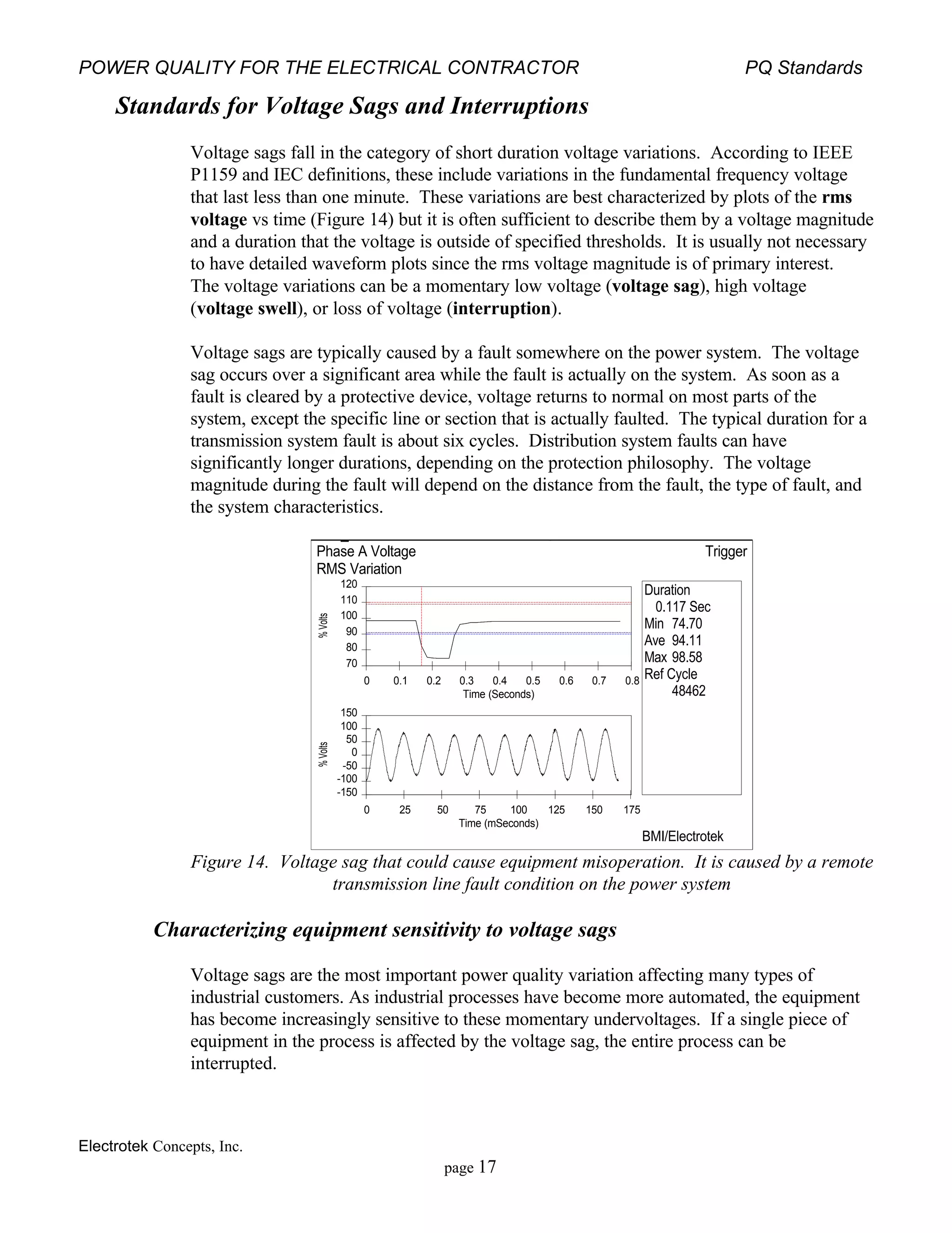 POWER QUALITY FOR THE ELECTRICAL CONTRACTOR PQ Standards
Electrotek Concepts, Inc.
page 17
Standards for Voltage Sags and Interruptions
Voltage sags fall in the category of short duration voltage variations. According to IEEE
P1159 and IEC definitions, these include variations in the fundamental frequency voltage
that last less than one minute. These variations are best characterized by plots of the rms
voltage vs time (Figure 14) but it is often sufficient to describe them by a voltage magnitude
and a duration that the voltage is outside of specified thresholds. It is usually not necessary
to have detailed waveform plots since the rms voltage magnitude is of primary interest.
The voltage variations can be a momentary low voltage (voltage sag), high voltage
(voltage swell), or loss of voltage (interruption).
Voltage sags are typically caused by a fault somewhere on the power system. The voltage
sag occurs over a significant area while the fault is actually on the system. As soon as a
fault is cleared by a protective device, voltage returns to normal on most parts of the
system, except the specific line or section that is actually faulted. The typical duration for a
transmission system fault is about six cycles. Distribution system faults can have
significantly longer durations, depending on the protection philosophy. The voltage
magnitude during the fault will depend on the distance from the fault, the type of fault, and
the system characteristics.
June 26, 1994 at 23:30:10 PQNode LocalITW_IN
Phase A Voltage
RMS Variation
Trigger
0 0.1 0.2 0.3 0.4 0.5 0.6 0.7 0.8
70
80
90
100
110
120
Time (Seconds)
%Volts
0 25 50 75 100 125 150 175
-150
-100
-50
0
50
100
150
Time (mSeconds)
%Volts
Duration
0.117 Sec
Min 74.70
Ave 94.11
Max 98.58
Ref Cycle
48462
BMI/Electrotek
Figure 14. Voltage sag that could cause equipment misoperation. It is caused by a remote
transmission line fault condition on the power system
Characterizing equipment sensitivity to voltage sags
Voltage sags are the most important power quality variation affecting many types of
industrial customers. As industrial processes have become more automated, the equipment
has become increasingly sensitive to these momentary undervoltages. If a single piece of
equipment in the process is affected by the voltage sag, the entire process can be
interrupted.
 