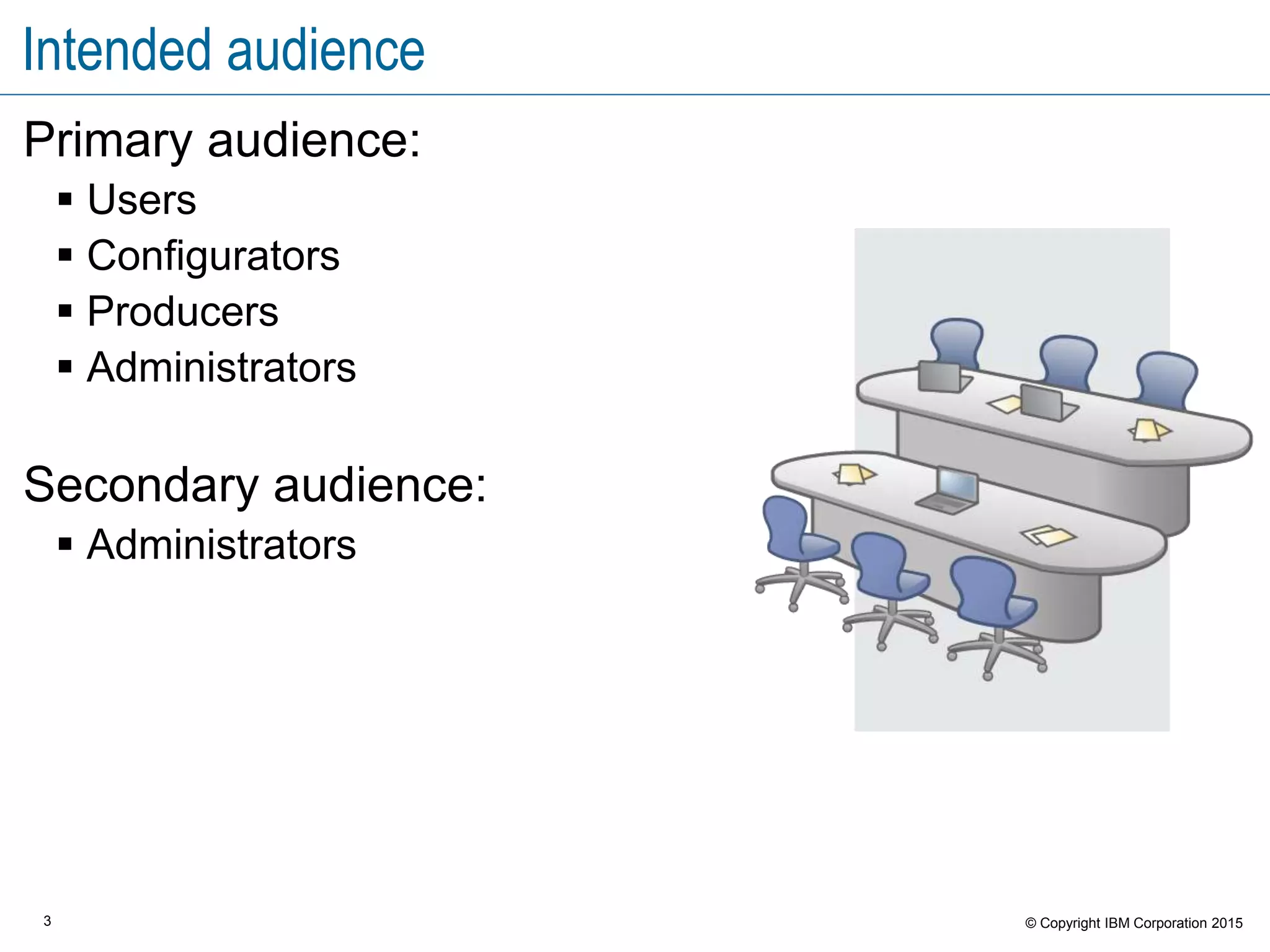 3 © Copyright IBM Corporation 2015
Intended audience
Primary audience:
 Users
 Configurators
 Producers
 Administrators
Secondary audience:
 Administrators
 