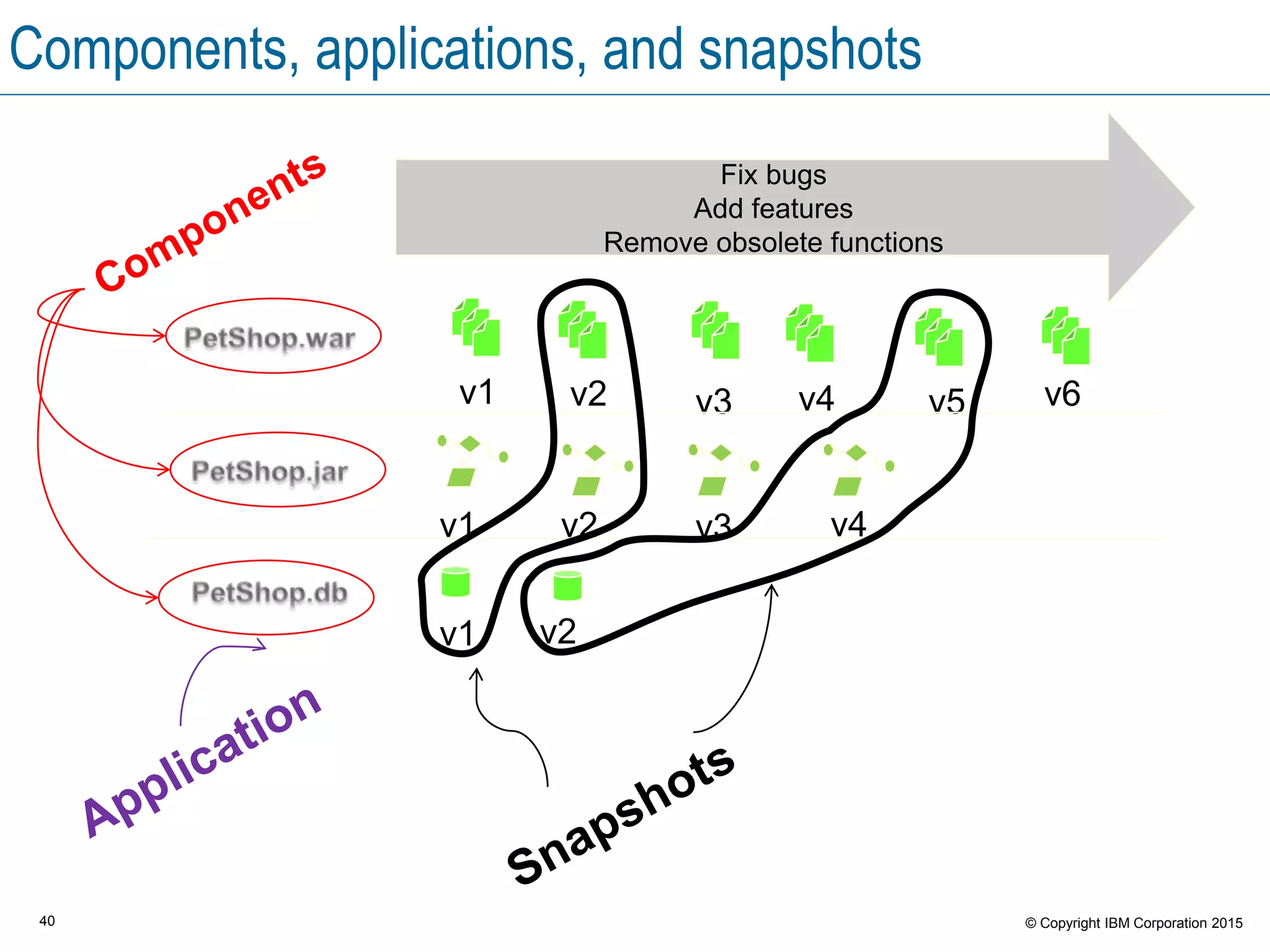 40 © Copyright IBM Corporation 2015
Components, applications, and snapshots
Fix bugs
Add features
Remove obsolete functions
v1
v4
v1
v1
v2
v2
v2
v3
v3
v4 v5 v6
 