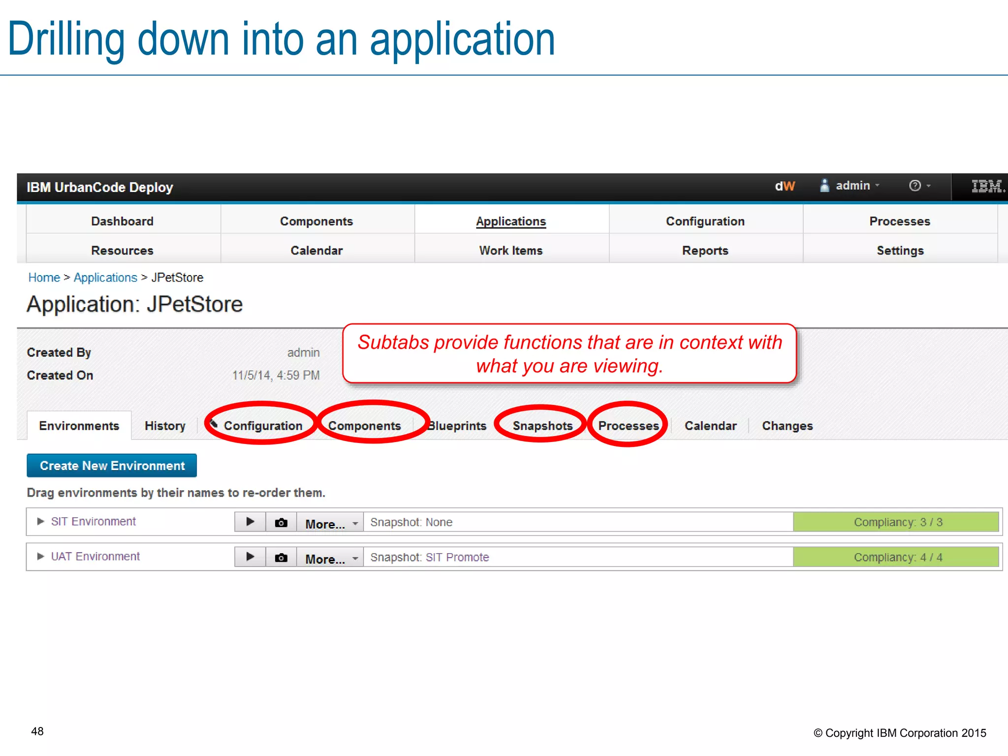 48 © Copyright IBM Corporation 2015
Drilling down into an application
Subtabs provide functions that are in context with
what you are viewing.
 