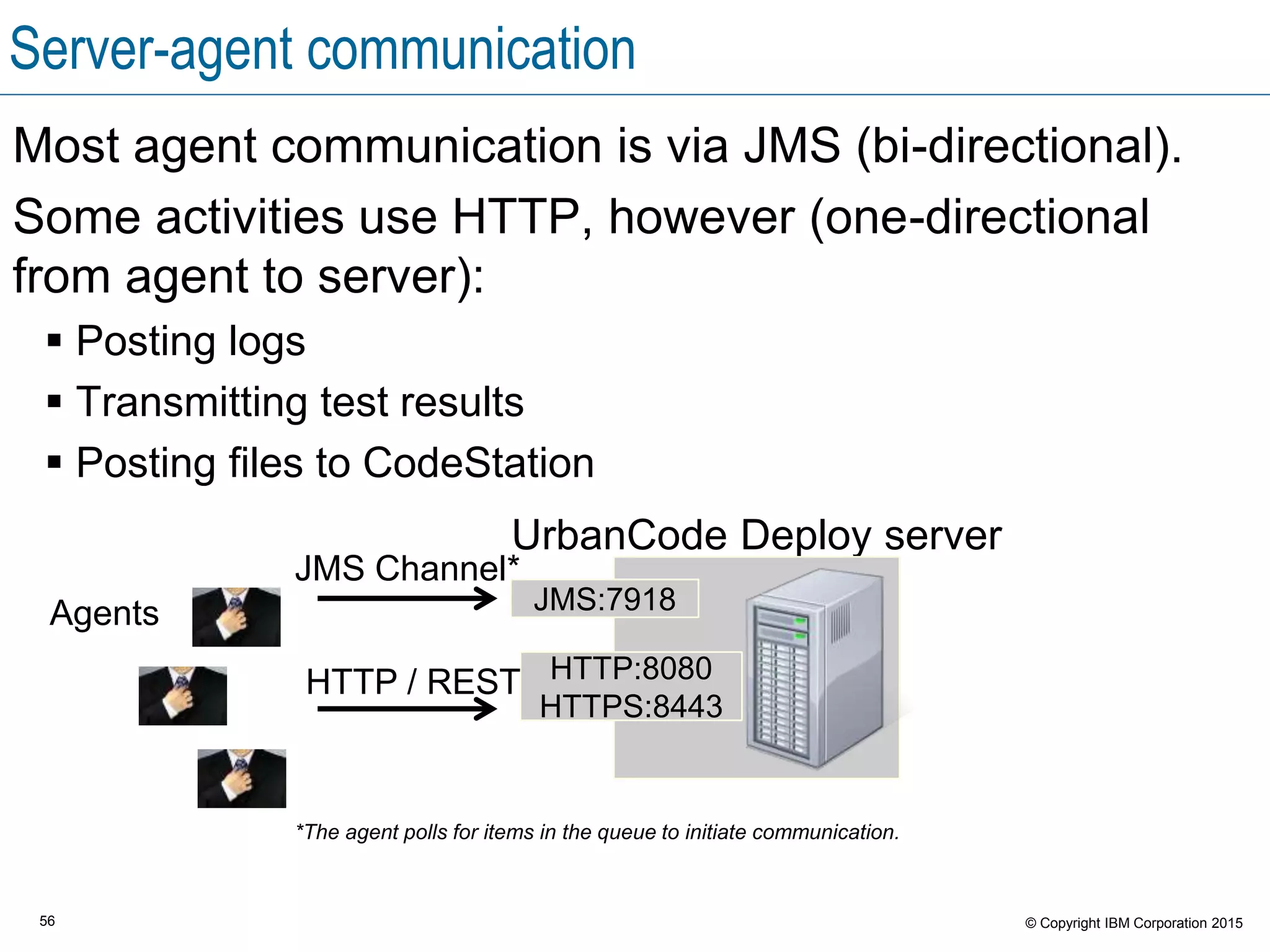 56 © Copyright IBM Corporation 2015
Server-agent communication
Most agent communication is via JMS (bi-directional).
Some activities use HTTP, however (one-directional
from agent to server):
 Posting logs
 Transmitting test results
 Posting files to CodeStation
Agents
UrbanCode Deploy server
HTTP:8080
HTTPS:8443
JMS:7918
HTTP / REST
JMS Channel*
*The agent polls for items in the queue to initiate communication.
 