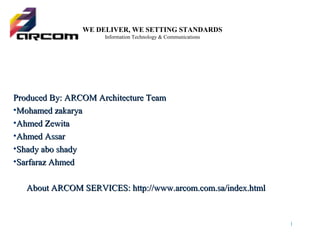 Produced By: ARCOM Architecture TeamProduced By: ARCOM Architecture Team
•Mohamed zakaryaMohamed zakarya
•Ahmed ZewitaAhmed Zewita
•Ahmed AssarAhmed Assar
•Shady abo shadyShady abo shady
•Sarfaraz AhmedSarfaraz Ahmed
About ARCOM SERVICES: http://www.arcom.com.sa/index.htmlAbout ARCOM SERVICES: http://www.arcom.com.sa/index.html
1
WE DELIVER, WE SETTING STANDARDS
Information Technology & Communications
 
