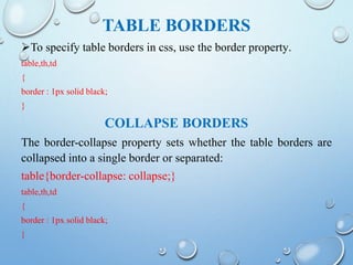 TABLE BORDERS
To specify table borders in css, use the border property.
table,th,td
{
border : 1px solid black;
}
COLLAPSE BORDERS
The border-collapse property sets whether the table borders are
collapsed into a single border or separated:
table{border-collapse: collapse;}
table,th,td
{
border : 1px solid black;
}
 